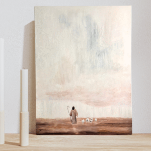 Jesus the Good Shepherd: Minimalist Canvas Painting Step into serene communion with Jesus the Good Shepherd, a minimalist masterpiece that distills divine tenderness